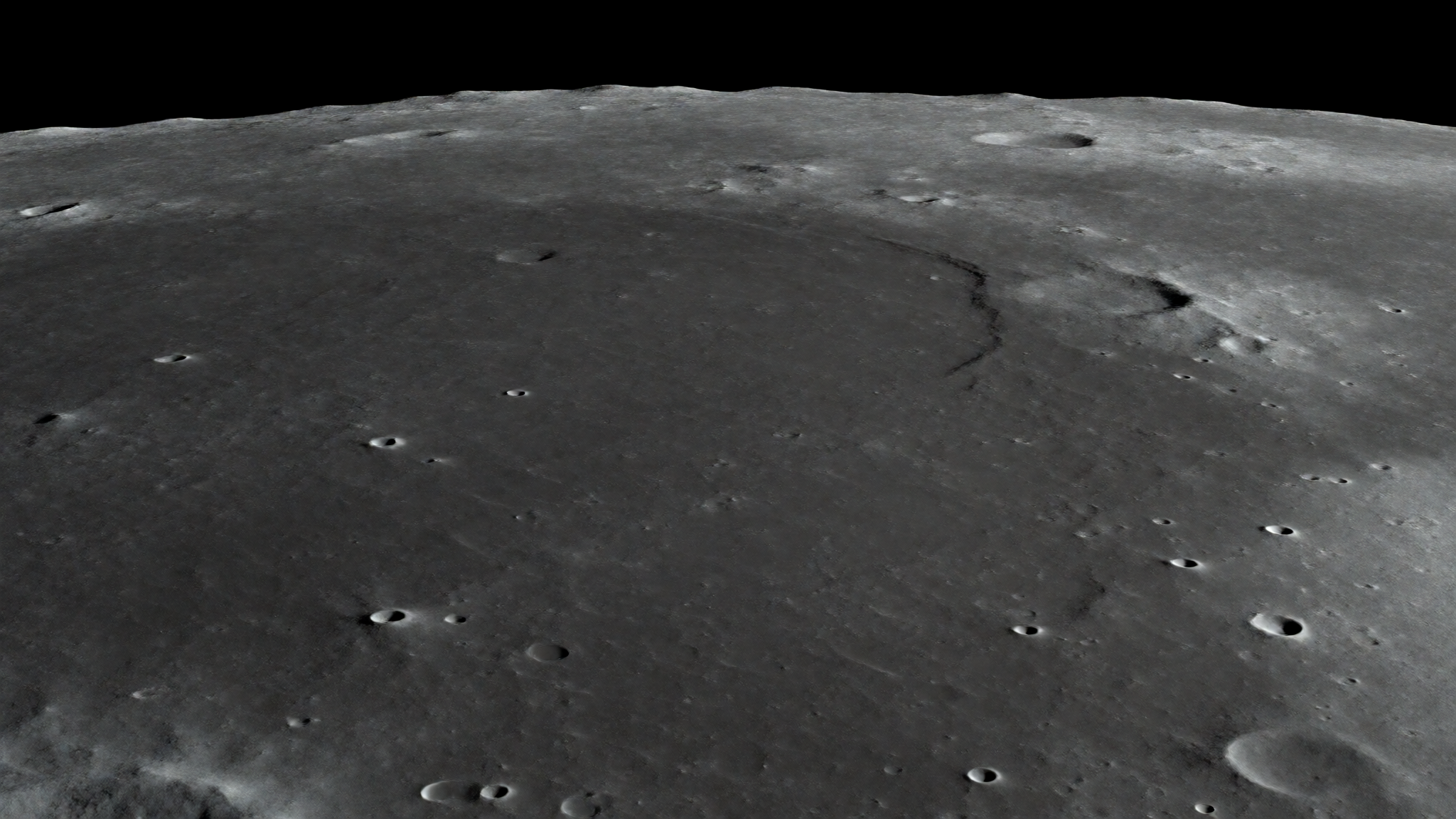 Artistic concept of a low-relief basaltic lunar plain under a black sky